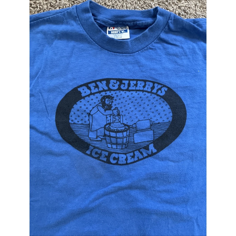 VINTAGE Ben & Jerry's Ice Cream L Large Vermonts Finest Blue Single Stitch